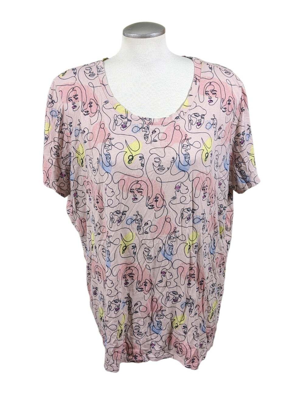 Penningtons Boyfriend Graphic Tee Abstract Continuous Line Art Face Print Pastel